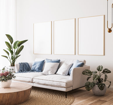 Poster Mockup In Bright Modern Room, White Sofa With Blue Cushions And Green Plants On Minimal Background, 3d Render