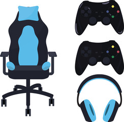 Set of gaming equipment- controller (joystick), headset (headphones) and gaming chair. Drawn in blue and black, minimalist style.  © Mariam