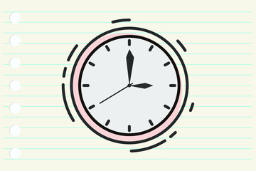 Hand drawn cartoon clock, isolated on lined paper background.