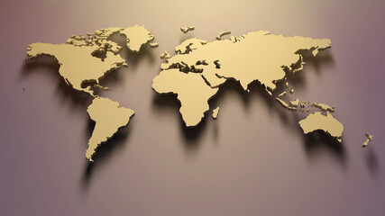 Fototapeta na wymiar 3D rendering. An expanded world map on a light purple background. The falling shadow of objects. Continents of the Earth. 3D illustration.