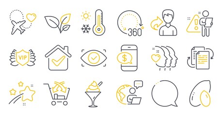 Set of line icons, such as Weather thermometer, Bureaucracy, Honeymoon travel symbols. Friends couple, Phone payment, Biometric eye signs. Ice cream, Cross sell, Speech bubble. Share. Vector