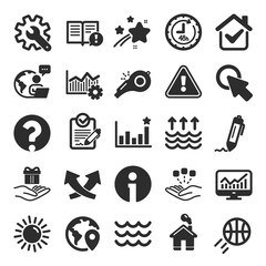 Whistle, Waves and Sun icons. Customisation, Global warming and Question mark signs. Signature Rfp, Information and Efficacy icons. Waves, Consolidation and Operational excellence. Vector