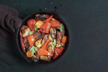 Pork with grilled vegetable stir fry above