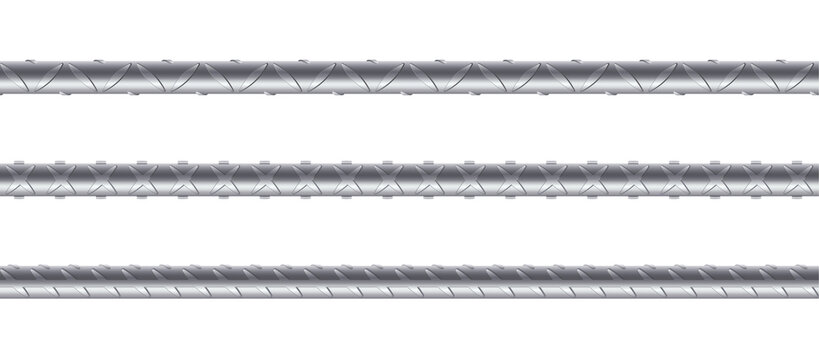 Seamless steel rebars on white background. Set of metal rods and bars for building and construction