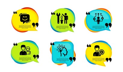 Teamwork, Repairman and Idea icons simple set. Speech bubble with quotes. Smile face, Business way and Support signs. Man with woman, Repair screwdriver, Creative designer. Vector
