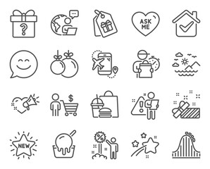 Holidays icons set. Included icon as Christmas ball, Smile chat, Discount signs. Sea mountains, Present, Secret gift symbols. Ice cream, Buyer, Roller coaster. Coupons, Ask me, New star. Vector