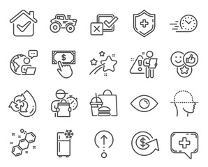 Technology icons set. Included icon as Face scanning, Swipe up, Recycle water signs. Payment click, Medical chat, Tractor symbols. Chemical formula, Fast delivery, Medical shield. Eye. Vector