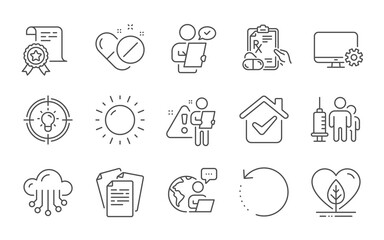 Medical pills, Sunny weather and Local grown line icons set. Customer survey, Prescription drugs and Documents signs. Recovery data, Certificate and Idea symbols. Line icons set. Vector