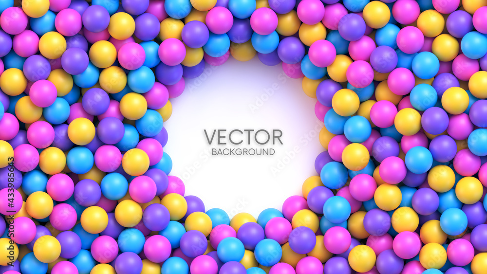 Poster pile of multicolored toy balls with round palce for your content. dry children's pool. realistic vec