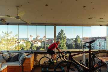 Senior man on exercising bicycle