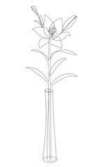 Silhouette of a flower in a vase. Lily on stem and leaves in modern trendy style with one line. Solid line, outline for decor, posters, stickers, logo. Vector illustration.