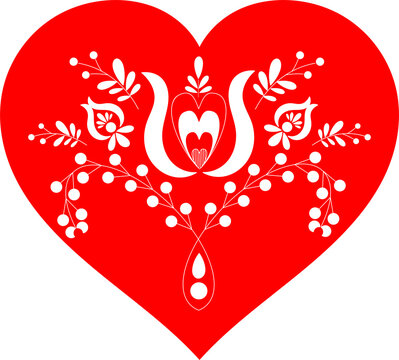 Beautiful Hungarian needlework motifs from Kalotaszeg village in heart shape. Vector illustration pattern with red heart, flowers, berry in the middle. Card for Valenties day and souvenir from Hungary