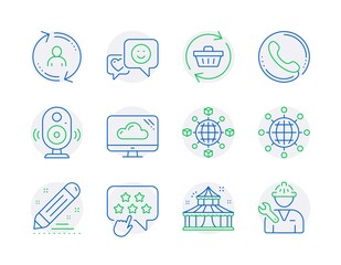Business icons set. Included icon as Call center, User info, Speaker signs. Circus, Brand contract, Ranking star symbols. Cloud storage, International globe, Refresh cart. Smile, Repairman. Vector