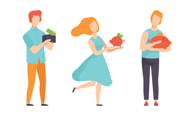 People Keeping their Savings in Piggy Bank Set, Savings of Finance Concept Flat Vector Illustration