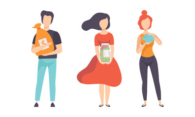 People Keeping their Savings in Piggy Bank Set, Money Savings, Investment, Funding Concept Flat Vector Illustration