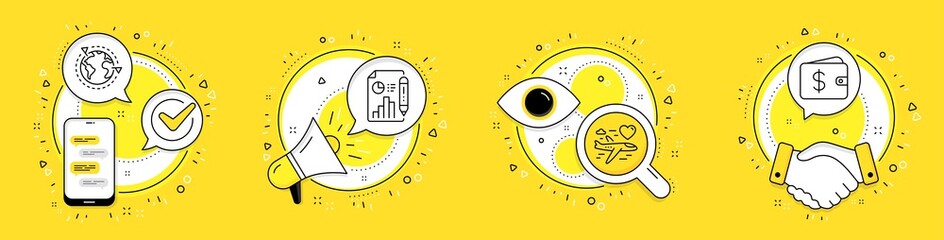 Honeymoon travel, Outsourcing and Report document line icons set. Cell phone, megaphone and deal vector icons. Dollar wallet sign. Love trip, Around the world, Growth chart. Cash money. Vector