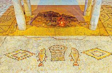 The fishes and loaves in Multiplication Church, Tabgha, Israel