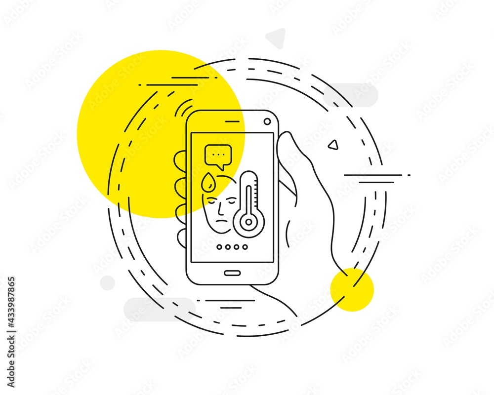 Poster sick man with fever line icon. mobile phone vector button. temperature thermometer sign. flu illness