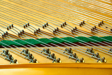 piano deck close view, chords and other parts, grand piano musical instrument