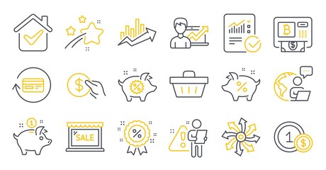 Set of Finance icons, such as Versatile, Success business, Bitcoin atm symbols. Usd coins, Checked calculation, Discount signs. Sale, Shopping basket, Saving money. Loan percent, Payment. Vector