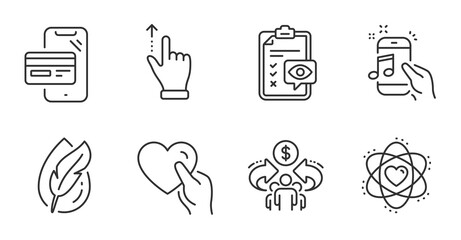 Eye checklist, Sharing economy and Atom line icons set. Touchscreen gesture, Hold heart and Hypoallergenic tested signs. Online shopping, Music phone symbols. Optometry, Share, Electron. Vector