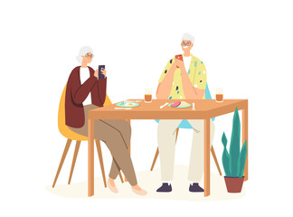 Senior Couple Characters Sitting at Table Ignore Each other Chatting in Internet. Social Media and Gadget Addiction