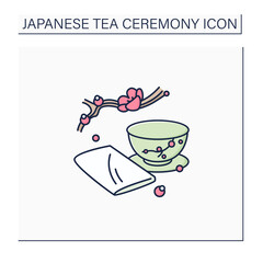 Chakin color icon. Special rectangular cloth used to wipe teacup. Japanese ethnic and national ceremony. Sakura twig. Tea ceremony concept.Isolated vector illustration