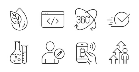 Employee result, Organic product and Edit user line icons set. Full rotation, Checkbox and Chemistry lab signs. Bitcoin pay, Seo script symbols. Business growth, Leaf, Profile data. Vector