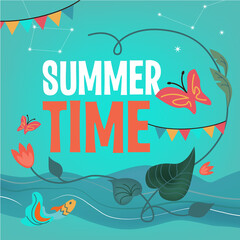 Summer time, text on a blue background, with flowers, sky, stars, river and fish. Vector illustration, banner for the festival, travel cover.