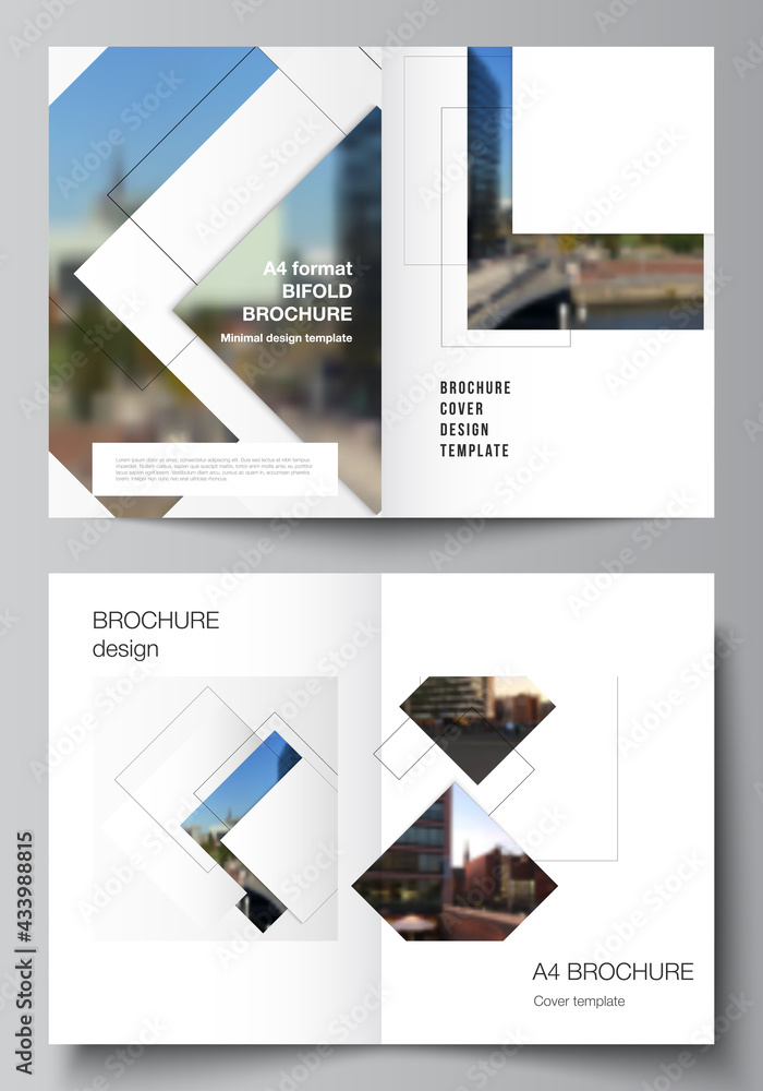 Poster vector layout of two a4 format cover mockups design templates with geometric simple shapes, lines an