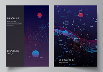 Vector layout of A4 cover mockups templates for brochure, flyer layout, booklet, cover design, book design. Artificial intelligence, big data visualization. Quantum computer technology concept.