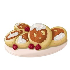 fresh cottage cheese pancakes with sour cream and raspberries on a plate
