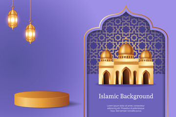 Luxury 3d display podium decoration in purple background with realistic mosque and golden crescent moon. Product presentation suitable for Ramadan, Eid al Adha, Eid al Fitr.