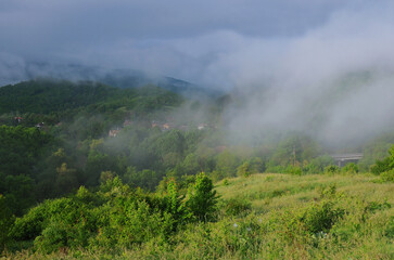 Hazy morning in mountain village