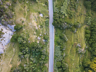 Aerial view of a straight road surrounded by plants and greenery, Pag island, Croatia. Wild nature