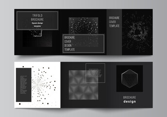 Vector layout of square covers design templates for trifold brochure, flyer, cover design, book design.Black color technology background. Digital visualization of science, medicine, technology concept