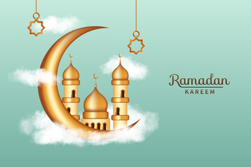 Luxury Ramadan kareem with realistic clouds, 3d golden mosque and crescent moon decorations. Islamic background suitable for Ramadan, Eid al Adha, Eid al Fitr.
