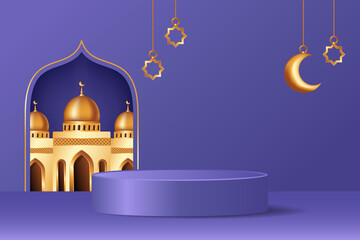 Islamic 3d display podium decoration in purple background with realistic mosque and golden crescent moon. Product presentation suitable for Ramadan, Eid al Adha, Eid al Fitr.