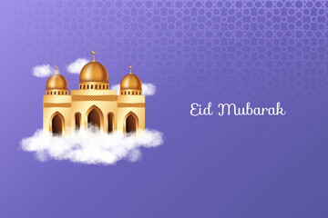 Luxury Eid Mubarak with realistic clouds, 3d golden mosque and decorations. Islamic background suitable for Ramadan, Eid al Adha, Eid al Fitr.