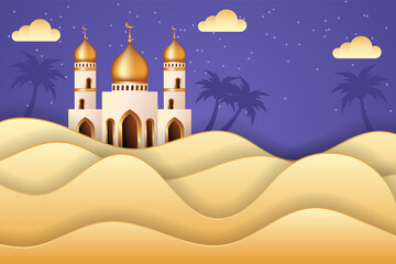 Eid mubarak background in paper cut style with a mosque in the middle of desert. Islamic background suitable for Ramadan, Eid al Adha, Eid al Fitr.
