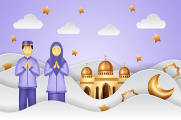 Islamic background paper cut style with man and woman praying. Islamic background suitable for Ramadan, Eid al Adha, Eid al Fitr.