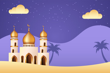 Islamic background with Mosque in the middle of desert. Islamic background suitable for Ramadan, Eid al Adha, Eid al Fitr.