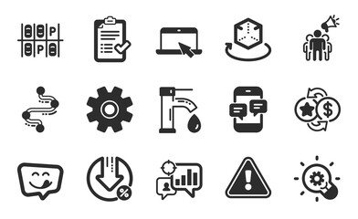 Phone messages, Yummy smile and Innovation icons simple set. Approved checklist, Seo statistics and Loan percent signs. Tap water, Brand ambassador and Loyalty points symbols. Flat icons set. Vector
