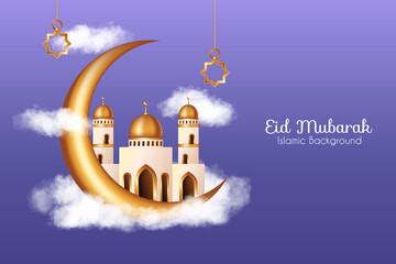 Islamic background with realistic clouds, 3d golden mosque and crescent moon decorations. Islamic background suitable for Ramadan, Eid al Adha, Eid al Fitr.