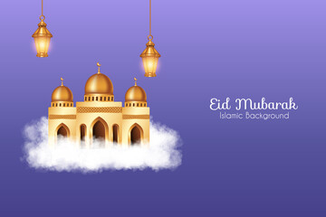 Eid mubarak background with realistic clouds, 3d golden mosque and decorations. Islamic background suitable for Ramadan, Eid al Adha, Eid al Fitr.