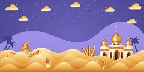 Paper cut style Islamic background with Mosque in the middle of desert. Islamic background suitable for Ramadan, Eid al Adha, Eid al Fitr.