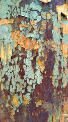 colorful chipped painting from a rusty and weathered metal surface with orange and turquoise oxide tones - vertical abstract background for a textured wallpaper