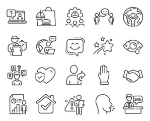 People icons set. Included icon as Refer friend, Conjunctivitis eye, Business report signs. Smile chat, Quiz test, Engineering team symbols. Reception desk, Cough, Handshake. Faq. Vector