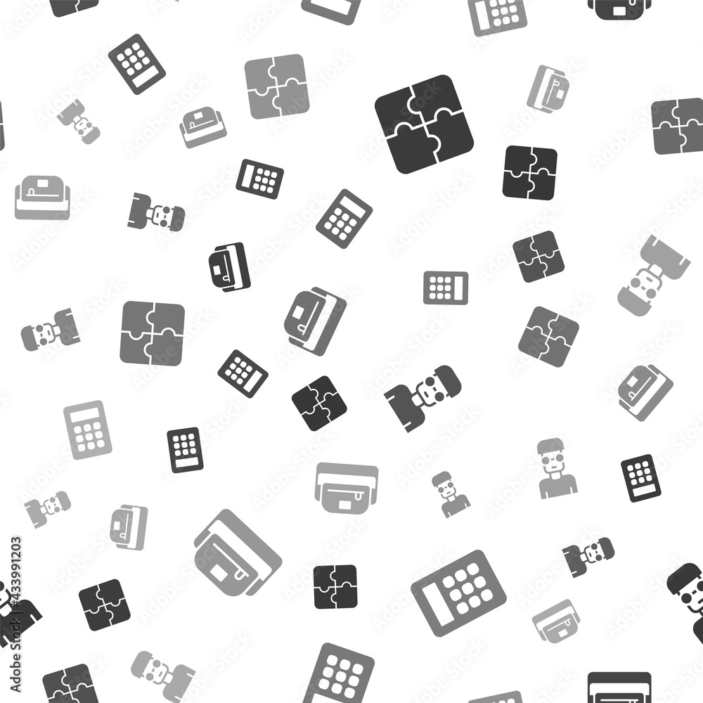Aufkleber set piece of puzzle, calculator, nerd geek and waist bag banana on seamless pattern. vector