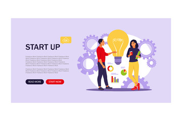 Idea, start up launching, business success, brainstorm concept. Website landing web page template.Vector illustration. Flat.